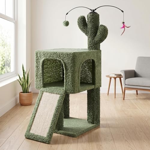 32" Cat Tree for Indoor Cats, 2-in-1 Cat House with Sisal Scratching Post & Ramp, 2-Level Cat Tower with Rotatable Feather & Ball Toys, Stable Grey Cat Condo for Small/Medium Cats, Grey