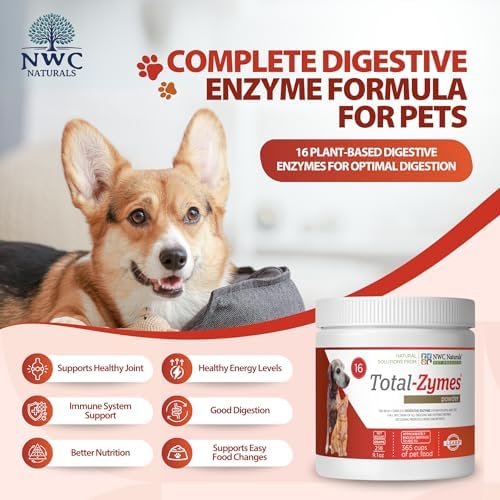 Total-Zymes Digestive Enzymes for Dogs and Cats, 8 oz. Powder | Unflavored Daily Powder, Mix 1 Scoop per Cup of Food, 16 Plant-Based Enzymes and Prebiotic Support Digestion and Absorption