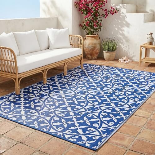 Fab Habitat Outdoor Rug - Waterproof, Fade Resistant, Crease-Free - Premium Recycled Plastic - Geo Tribal - Porch, Deck, Balcony, Mudroom