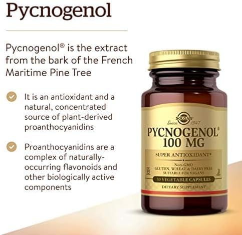 Solgar Pycnogenol 100 mg, 30 Vegetable Capsules - Antioxidant Protection | Healthy Leg & Vein Support, Non-GMO, Vegan, Gluten Free, Dairy Free