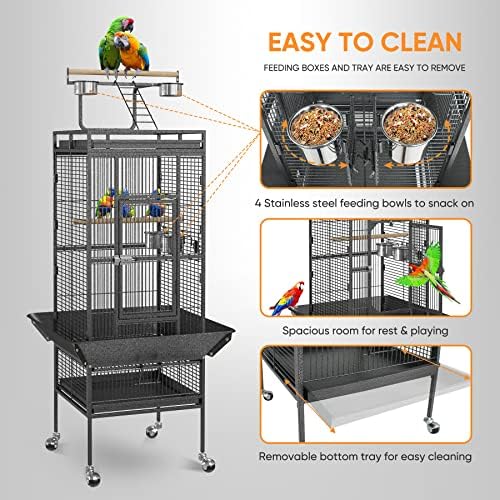 68 inch Iron Bird Cage, Play Top Parrot Cage with Rolling Stand for Parrot Cockatiels Parakeet Cage Macaw Finch Cockatoo Perch Pet House, Black