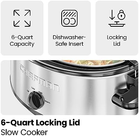 Chefman Triple Slow Cooker & Food Warmer, Three Crock Slowcooker with 2.5 Qt. Ceramic Crocks, 7.5-Quart Total Capacity, PFAS-Free, Three Temperature Settings, Dishwasher-Safe Parts – Stainless Steel