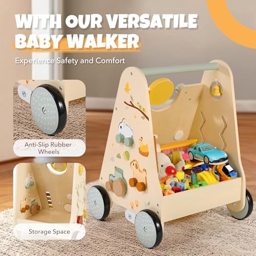 Pithfor Wooden Baby Push Walker, Baby Walker with Activity Center for Girls Boys