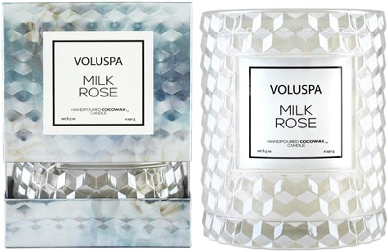 Voluspa Milk Rose, Cloche Textured Glass Candle, 8.5 Ounce, 55 Hour Burn Time, Coconut Wax for Clean Burning, Handcrafted in the USA
