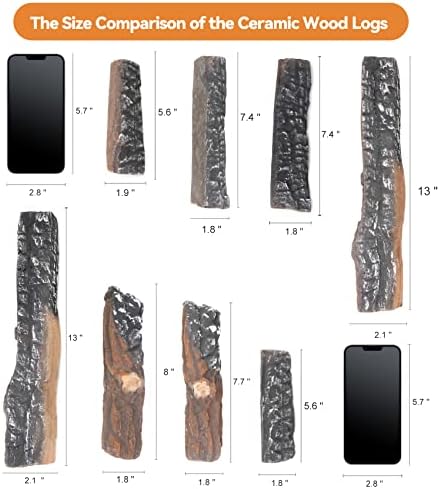 Skyflame 8 Small Piece Set of Ceramic Wood Logs for Fireplaces Fire Pits | Smokeless, Indoor Gas Inserts, Ventless & Vent Free