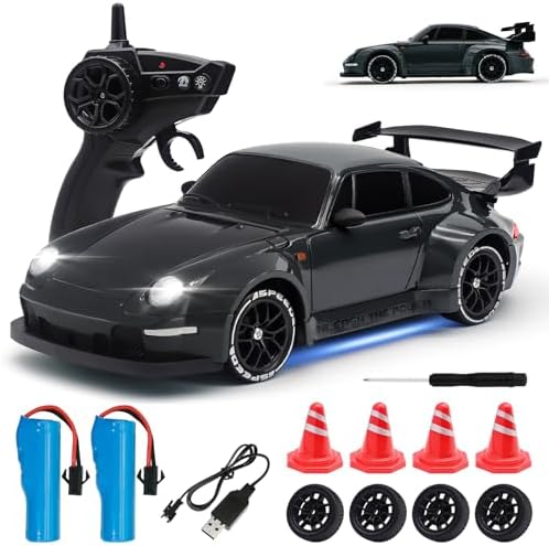 RC Drift Car,1:24 Scale Remote Control Car, 2.4GHz 20KM/H 4WD High Speed RC Cars for Kids with LED Light, Two Batteries,Drifting Tires,Racing Vehicle Toy for Adults Boys Girls Gray