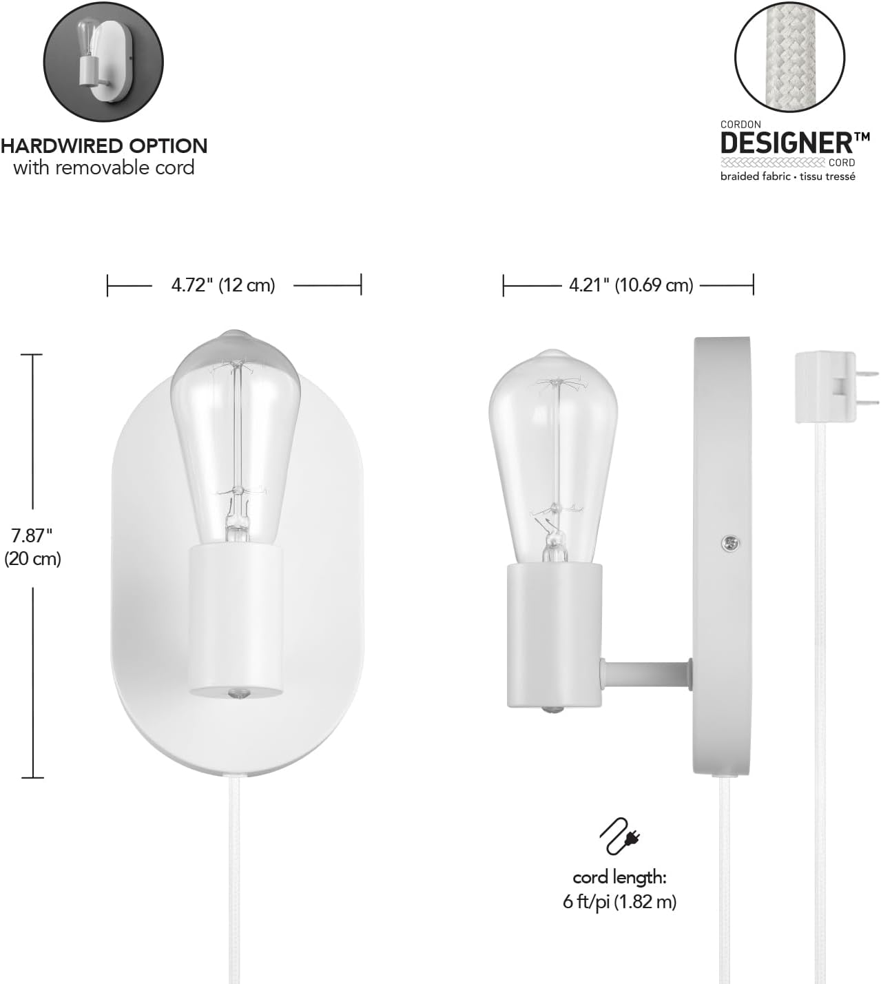 Globe Electric 65000134 1-Light Plug-in or Hardwire Wall Sconce, Matte White, 6ft White Fabric Covered Cord, Inline On/Off Rocker Switch, Bedroom