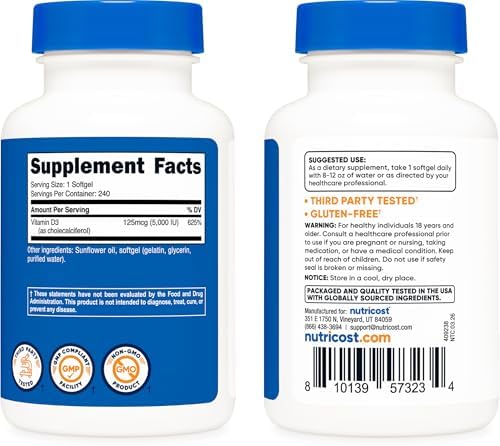 Nutricost Vitamin D3 5,000 IU (125mcg), 240 Softgels, GMO-Free | Gluten Free Vitamin D