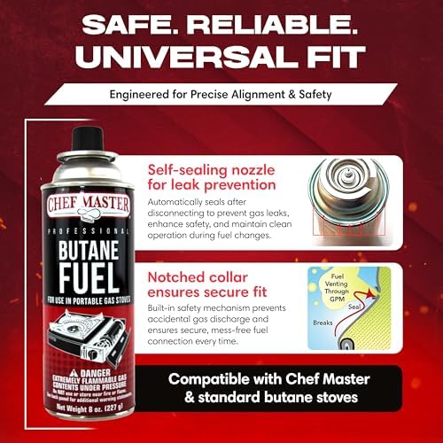 Chef Master Butane Fuel Canister, Camp Stove & Torch Refill, 8 oz, 12-Pack