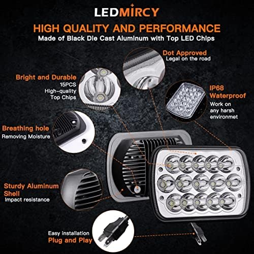 LEDMIRCY 5X7 LED Headlights, H6054 Headlights 7x6 Hi/Low Light 2PCS | Automotive Headlight Rectangular Assemblies 7x6 Replacement Headlamp for Truck Chevy Cherokee Tacoma Ford Van Sedans