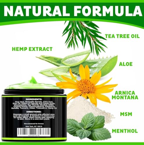 Natural Hemp Cream - Maximum Strength Gel - Hemp Cream with Arnica, MSM, Glucosamine, Menthol, Aloe, Turmeric, Boswellia - Fast Absorption, Non-Greasy