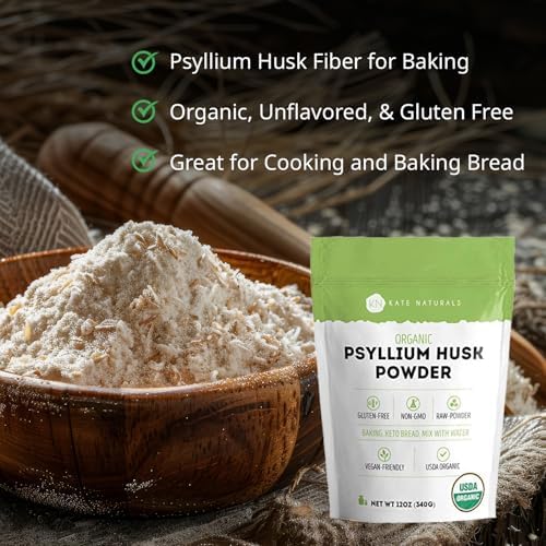 Kate Naturals Psyllium Husk Powder for Fiber and Baking Bread, 12oz | Organic, Gluten Free, Fine Ground, For Digestion, Mixes Easily with Juice & Smoothies