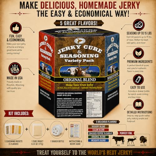 Hi Mountain BOLD & SAVORY Jerky Seasoning and Cure Kit | Variety Pack | Bold & savory flavors: Mandarin Teriyaki, Pepperoni, Sweet & Spicy, Inferno, & Pepper, Beef, Venison, Deer, Elk, Up to 20 lbs