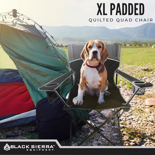 Black Sierra Quilted Padded Camping Chair, Oversized Heavy Duty Outdoor Lounge Seat Supports 300 lbs, Portable, Folding with Cup Holder for Beach, Tailgating, Sports, Patio