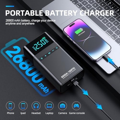10-in-1 Portable Car Battery Jump Starter with Air Compressor, 6000A 160PSI Portable Car Jumper Starter (All Gas 12L Diesel)