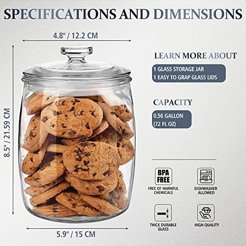 Folinstall Wide Mouth Glass Jar with Airtight Lid, 1/2 Gal Clear Container | 72oz Apothecary Jar for Cookie, Candy, Sugar, Flour, Sourdough Starter