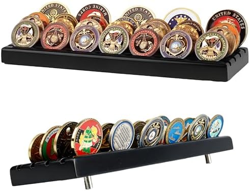 DisplayGifts Challenge Coin Display Stand 4 Row Wooden Holder Rack Case Holds 28 Coins Walnut Finish