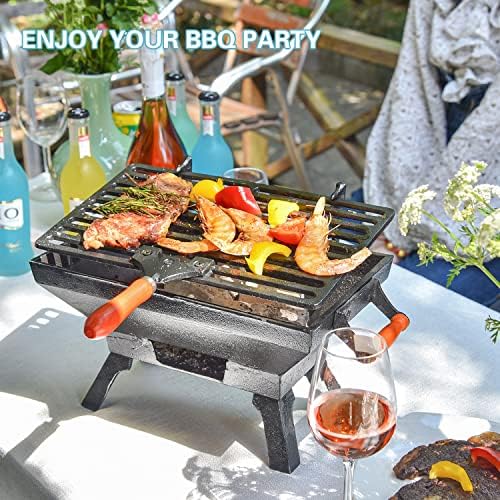 Sungmor Compact Cast Iron Charcoal Grill - Tabletop BBQ Grill with Adjustable Grate & Wooden Handles