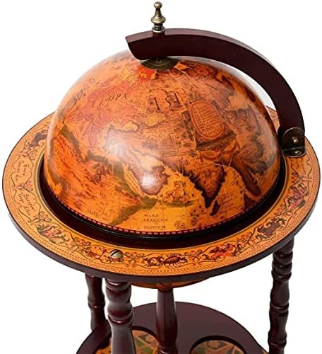 LDAILY Moccha 17” Globe Wood Wine Bar Stand, 16th Century Italian Replica Liquor Bottle Shelf w/Wheels, Wood Wine Cart Cabinet w/Bottom Shelf