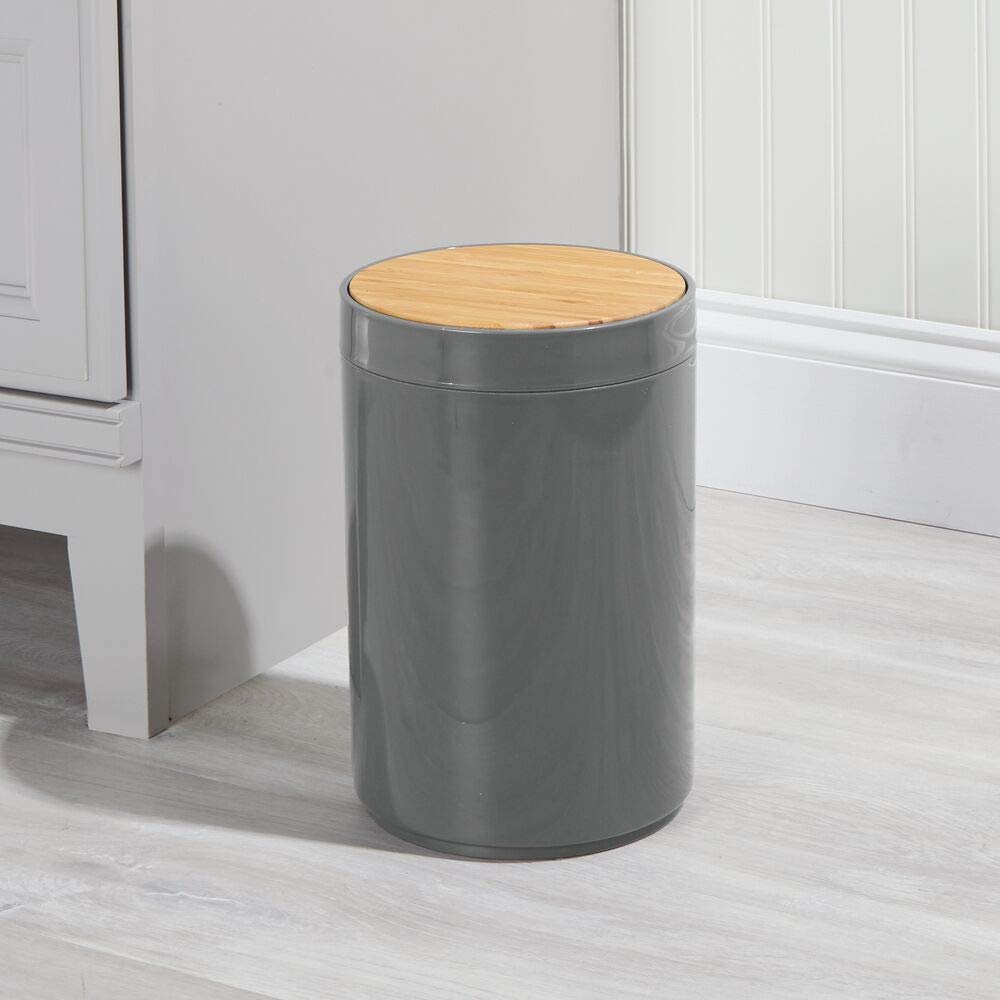 mDesign Plastic Round Trash Can Small Wastebasket - Garbage Bin Container with Swing-Close Lid - Bathroom Garbage Basket - Holds Waste, Recycling - 1.3 Gallon - Basa Collection - Cream/Beige/Natural