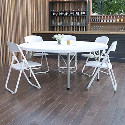 Flash Furniture 5-Foot Round Bi-Fold White Plastic Folding Table | Lightweight, Easy Storage, Commercial Grade, Carrying Handle