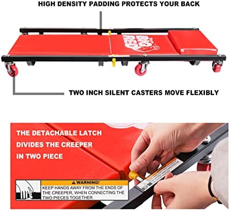 BIG RED TRP6240 Torin Blow Molded Plastic Rolling Garage/Shop Creeper: 40" Mechanic Cart with Padded Headrest, Dual Tool Trays and 6 Casters, Red