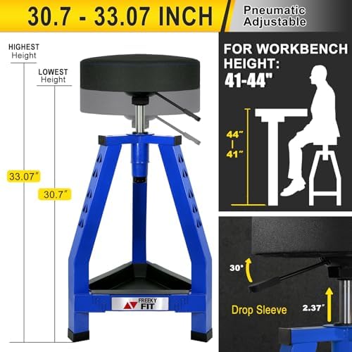 Adjustable Shop Stool,Garage Mechanic Stool Chair,Work Seat for Workshop, Adjustable Height, 360° Swivel Padded Square Seat,Tool Storage, 350 LBS Capacity, Heavy Duty, Blue