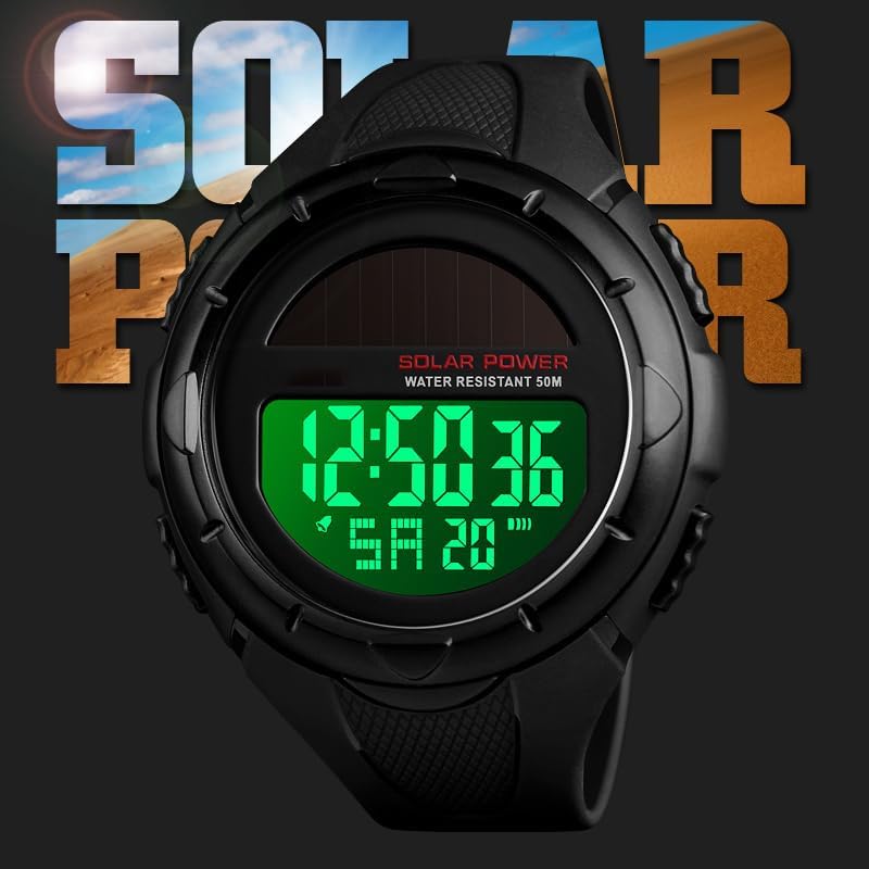 Gosasa Men's Outdoor Sports Multifunction Solar Power LED Digital Watches 50M Water Resistant (Black)