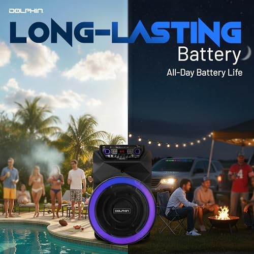 Dolphin Bluetooth Party Speaker with Wireless Microphone, 18" Woofer | 4500W Output, LED Lights, USB, SD, AUX & Guitar Inputs, 12V Input