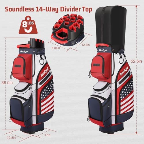 T Lock Golf Cart Bag, 14 Way Full Length Divider Golf Bag for Men | USA Flag Design, 14 Way Full Length Dividers, T Lock Compatible, Cooler Pocket