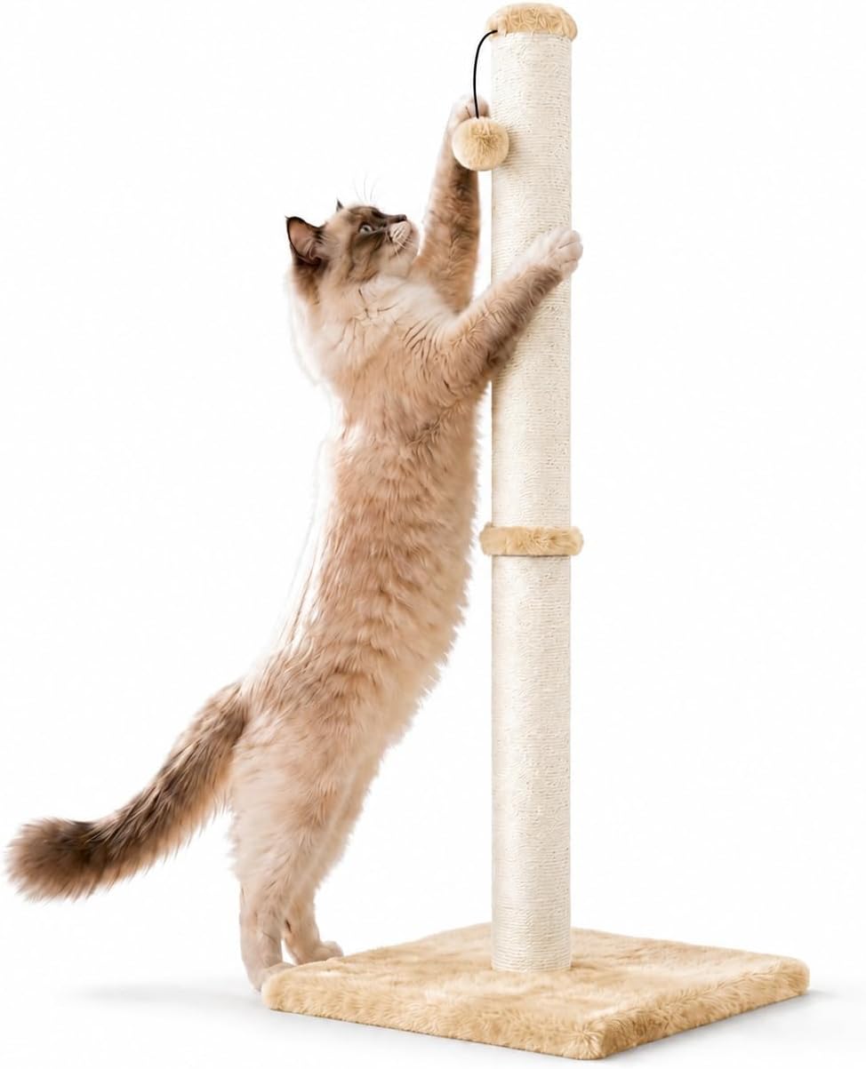 Dimaka 29" Height Tall Cat Scratching Post, Claw Scratcher with Sisal Rope and Covered with Soft Smooth Plush, Vertical Scratch [Full Strectch] for Standard Size Cats(Grey, 29 inches for All Cats)