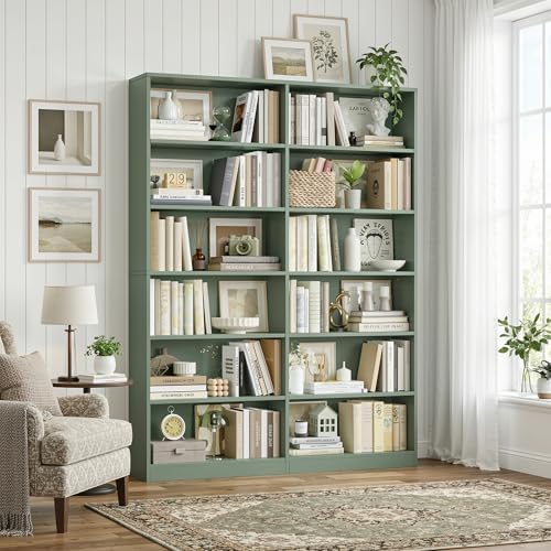 Bookshelf Tall Bookcase, 6-Tier Double Wide Bookshelves, White | Freestanding Display Storage Shelves, Tall and Large Book Shelves for Home Decor Bedroom, Living Room, Home Office, Library