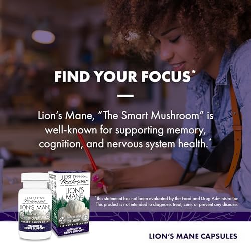 Host Defense Mushrooms Lion's Mane - Brain Health Support Supplement for Focus & Memory Function - Immune & Nervous System Support Supplement- 30 Capsules