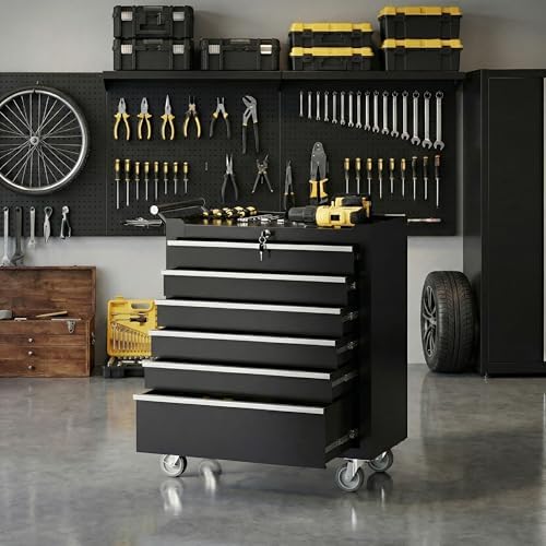 Rolling Tool Chest with Wheels, 5 Drawer Tool Storage Cabinet, Portable Toolbox Organizer with Lock, Heavy Duty Tool Chest Cart for Garage, Mechanic, Workshop, Shop, Mobile Tool Organizer, Black