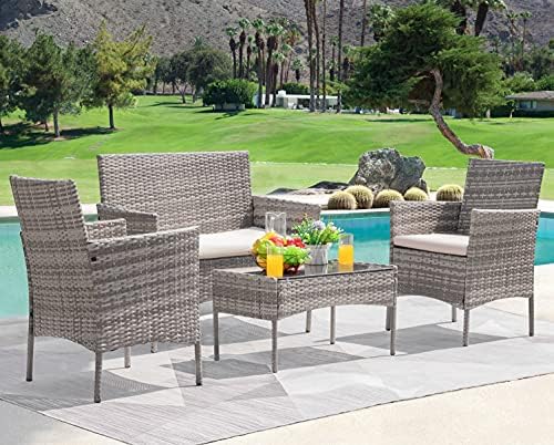 Greesum Patio Furniture 4 Pieces Conversation Sets,Brown and Beige