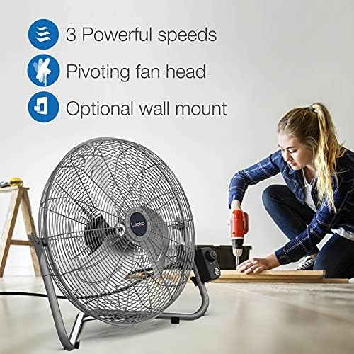 Lasko 20" Black High Velocity Wall Mount Fan with Pivoting Head - 3 Speeds, Ideal Wall Mount Fan or Floor Fans for Home, Garage, Attic, 2264QM
