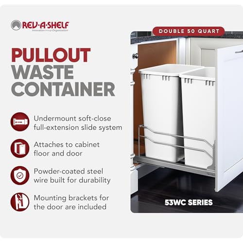Rev-A-Shelf Double Pullout Trash Can w/Soft-Close Slides, 14.5" Min Opening | Large Capacity Garbage/ Recycling Bins for Full Height Kitchen Cabinets, Heavy Gauge Wire Construction, 53WC-2150SCDM-217