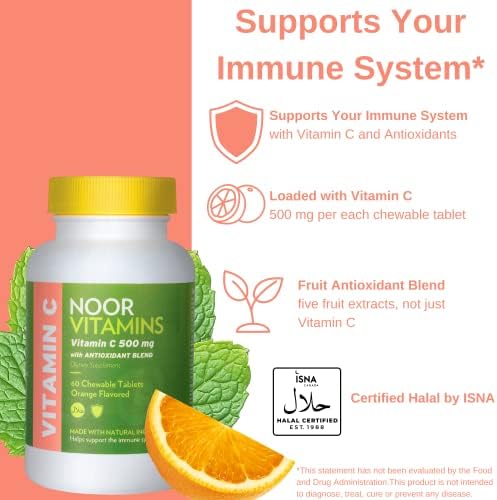 Noor Vitamins 500 MG Halal Vitamin C Chewable Tablets + Rose Hips and Antioxidants I Supports Immune System I Vegan