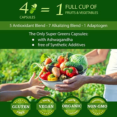 FOLONA Organic Super Greens Capsules with Ashwagandha, Spirulina & Moringa