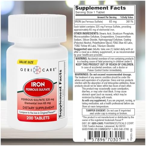 GeriCare Ferrous Sulfate Tablets 325mg, Elemental Iron 65 mg High Potency Iron Supplement | Dietary Supplement 100 Count. (Pack of 1)