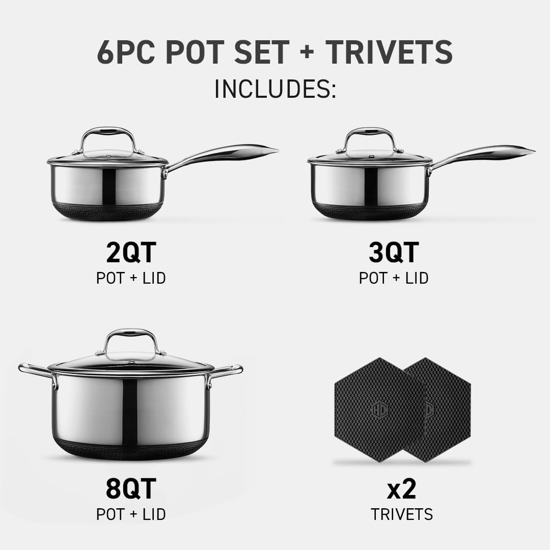 HexClad Hybrid Nonstick 6 Pc Pot Set & Trivets, 2, 3, and 8-Qt Pots & Lids | Stay-Cool Handles, Dishwasher and Oven Safe, Compatible with All Cooktops