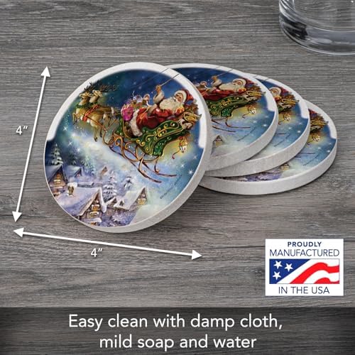 Thirstystone Santa’s Sleigh Natural Sandstone Coaster 4 Pack Eco-Friendly, Absorbent, Easily Wipes Clean | 4" Diameter, Manufactured in the USA