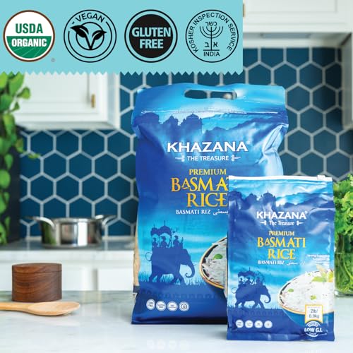 Authentic Premium Basmati Rice by Khazana in 10 lb Bag - Aromatic and Flavorful Indian Grain - Non-GMO, Gluten Free, Kosher, Cholesterol Free