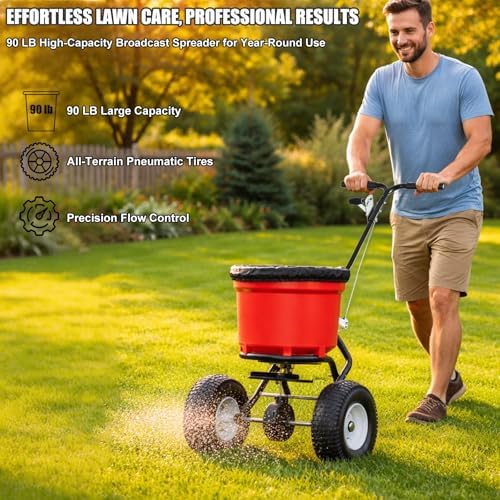 90 LB Broadcast Spreader Walk Behind, Lawn Fertilizer Spreader with 12.5" Pneumatic Wheels, Push Grass Seed Spreader for Lawn Care, Garden