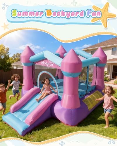 AirMyFun Pink Inflatable Toddler Bounce House with Blower, Indoor/Outdoor Jumping Castle for Kids 3-8, Inflatable Bouncy House with Slide, 82011B