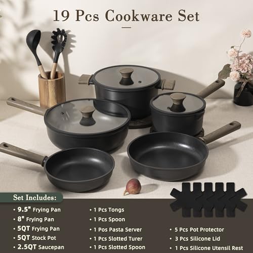 Astercook 19 Pcs Pots and Pans Set Non Stick, Black Titanium Induction Kitchen Cookware Sets