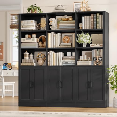 70” H x 63” W Triple Wide Bookshelf, Tall Bookcase with 6 Doors | 5 Tier Book Shelf with 15 Storage Shelves, Tall Book Case Large Bookshelves with Storage Cabinet for Home Office, White