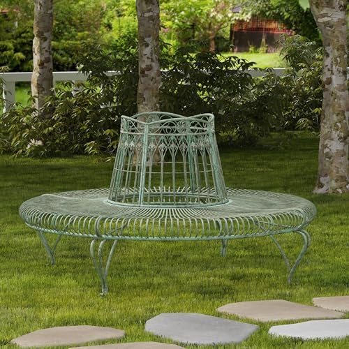 SAFAVIEH Outdoor - Ally Iron Tree Bench - Rustic Brown Iron Metal - Curved Scrollwork Garden Design - Ideal for Patio, Deck, Porch, Garden, 17.5" Seat Height (PAT5019A)