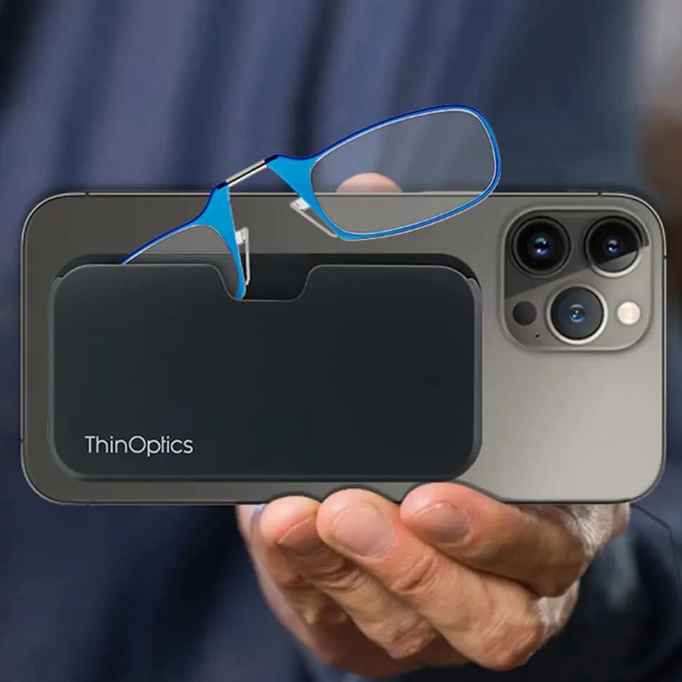 ThinOptics unisex-adult Reading Glasses + Black Universal Pod Case | Blue Frames, 1.50 Strength Readers Blue Frames / Black Case, 44 mm