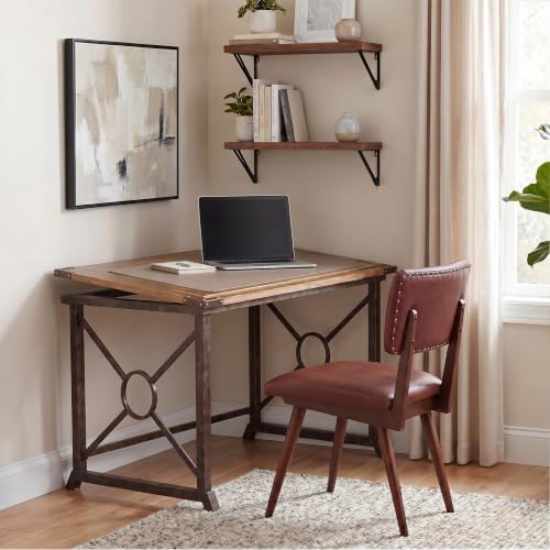SEI FURNITURE Knightley Tilt Top Drafting Table - 51.5 inch Wide - Oak Wood Finish w/ Antique Brass, Brown